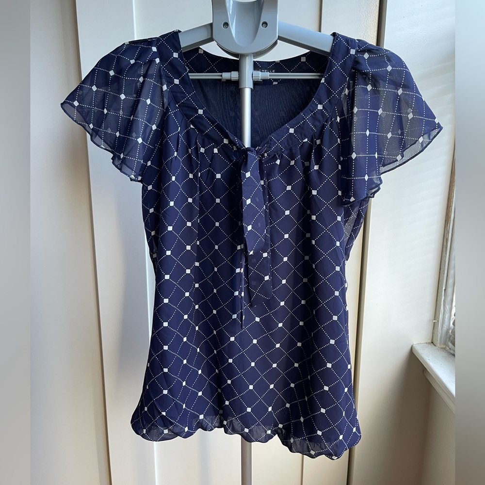 Sara Michelle Navy Blue Sheer Blouse with White Pattern